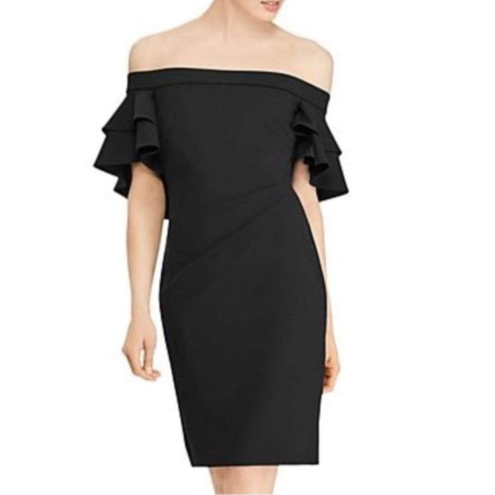 Ralph Lauren Ruffled Off-the-Shoulder Crepe Cocktail Dress Black Size 2 NWT